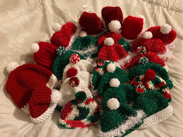 The crochet group is thinking Christmas for the preemie babies at Mercy Hospital.  (Total of 26 hats and 5 blankets).  Thank you Diane Lowe, Terry Hamilton, Anna Grimes for your beautiful work.